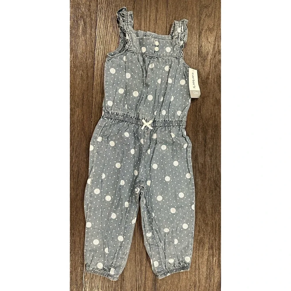 CARTERS chambray denim Polka Dot‎ pants sleeveless romper sz 12M NWT ruffles